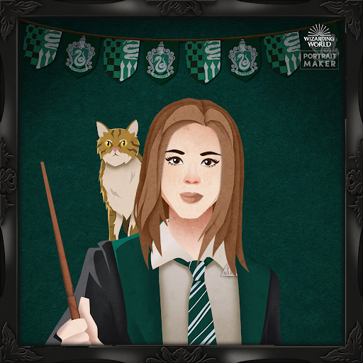 Logo Slythereading : fille brune avec un chat et une baguette magique sur fond vert foncé et argenté